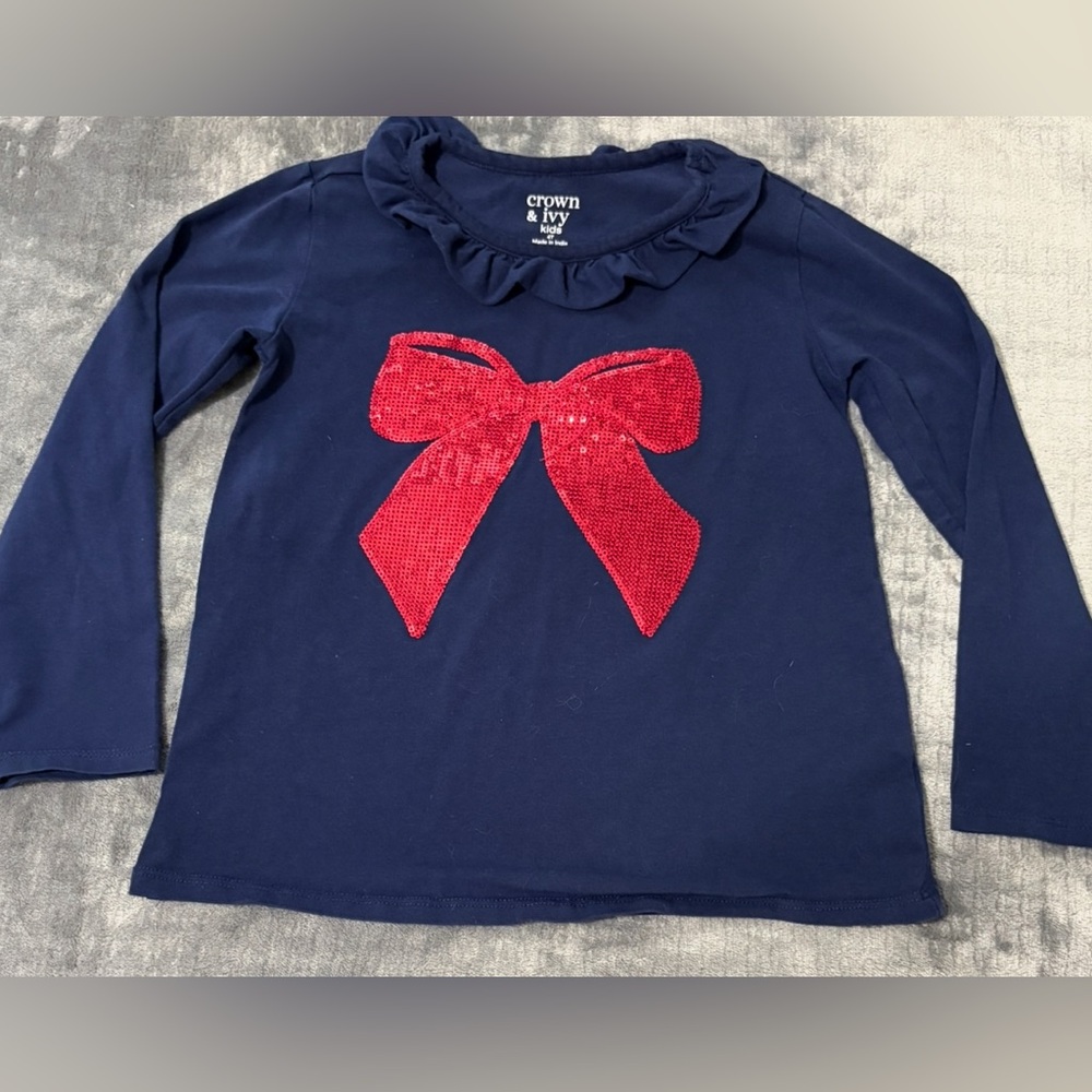 Crown & Ivy Girl’s Long Sleeve Navy Blue Shirt with Sequined Red Bow